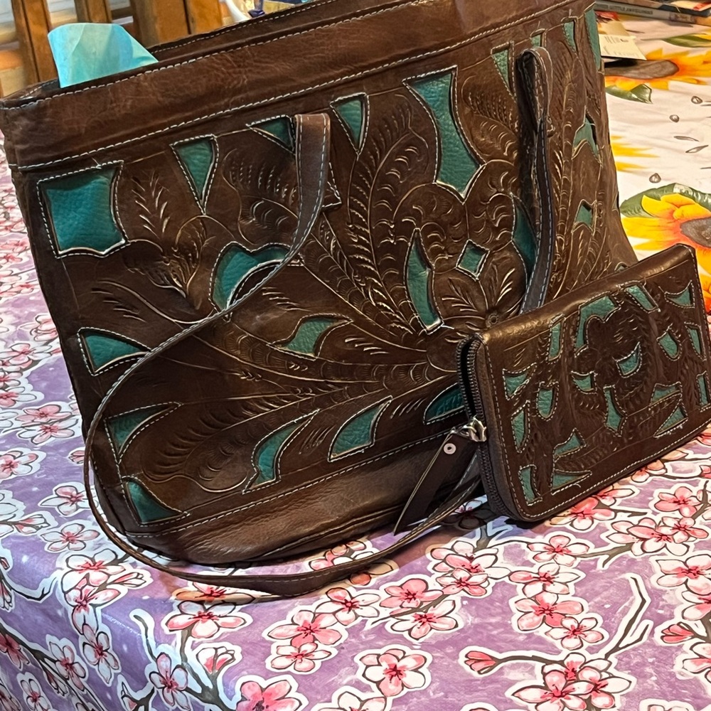 Hand Tooled Cutout Brown Aqua Leather Handbag PARAGUAY w/clutch wallet